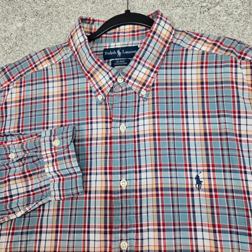 Ralph Lauren Blake Button Shirt Mens 2XL Blue Beige Red Plaid L/S lightweight